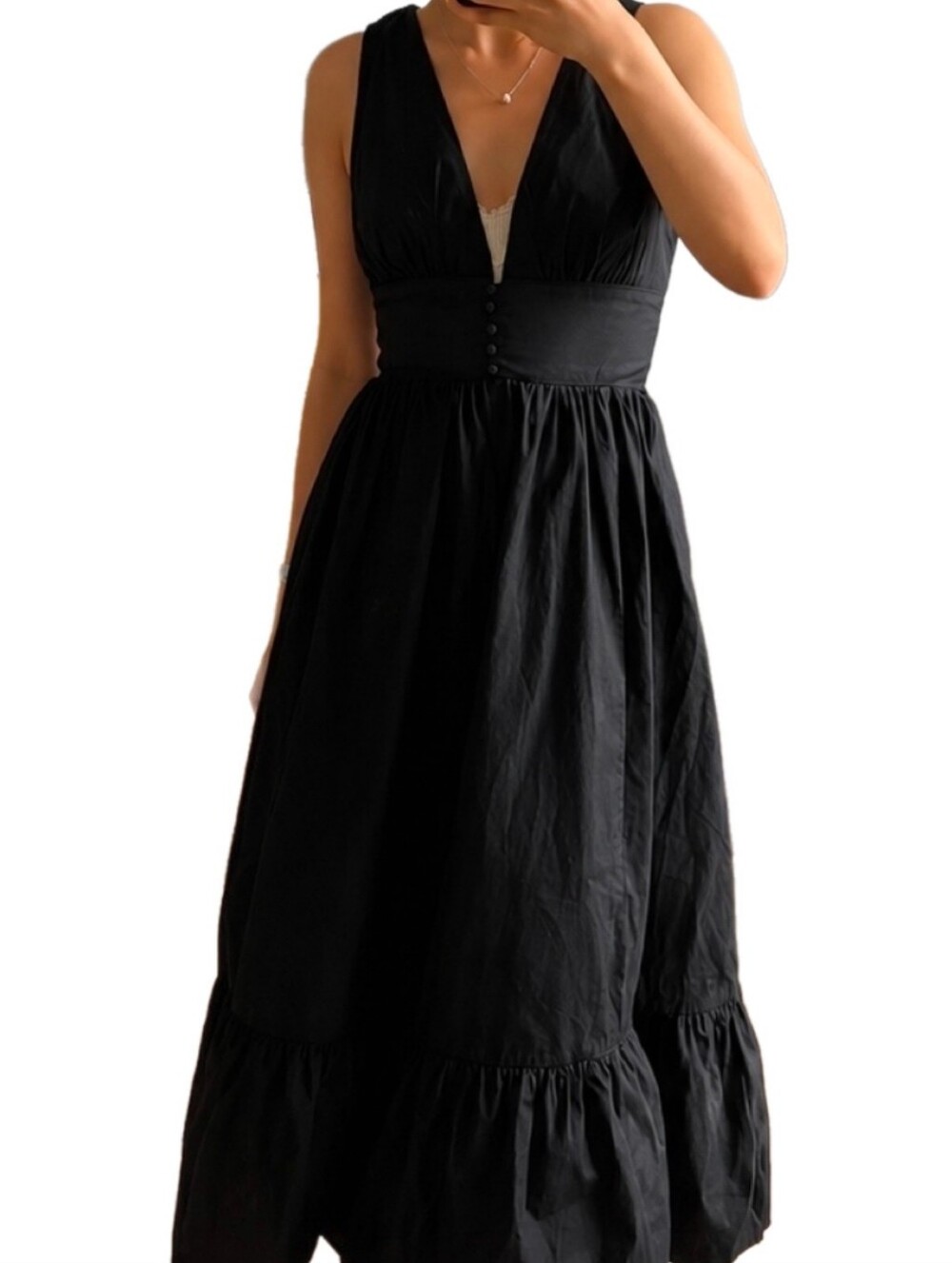 NWT Forever 21 Black V-Neck Maxi Dress Tiered Hem & Waist Button Detail Sz M